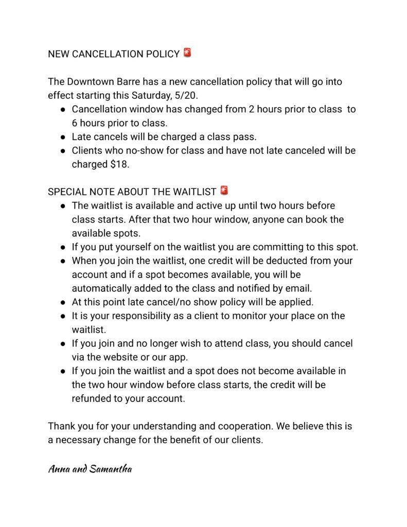 Cancellation Policy Downtown Barre