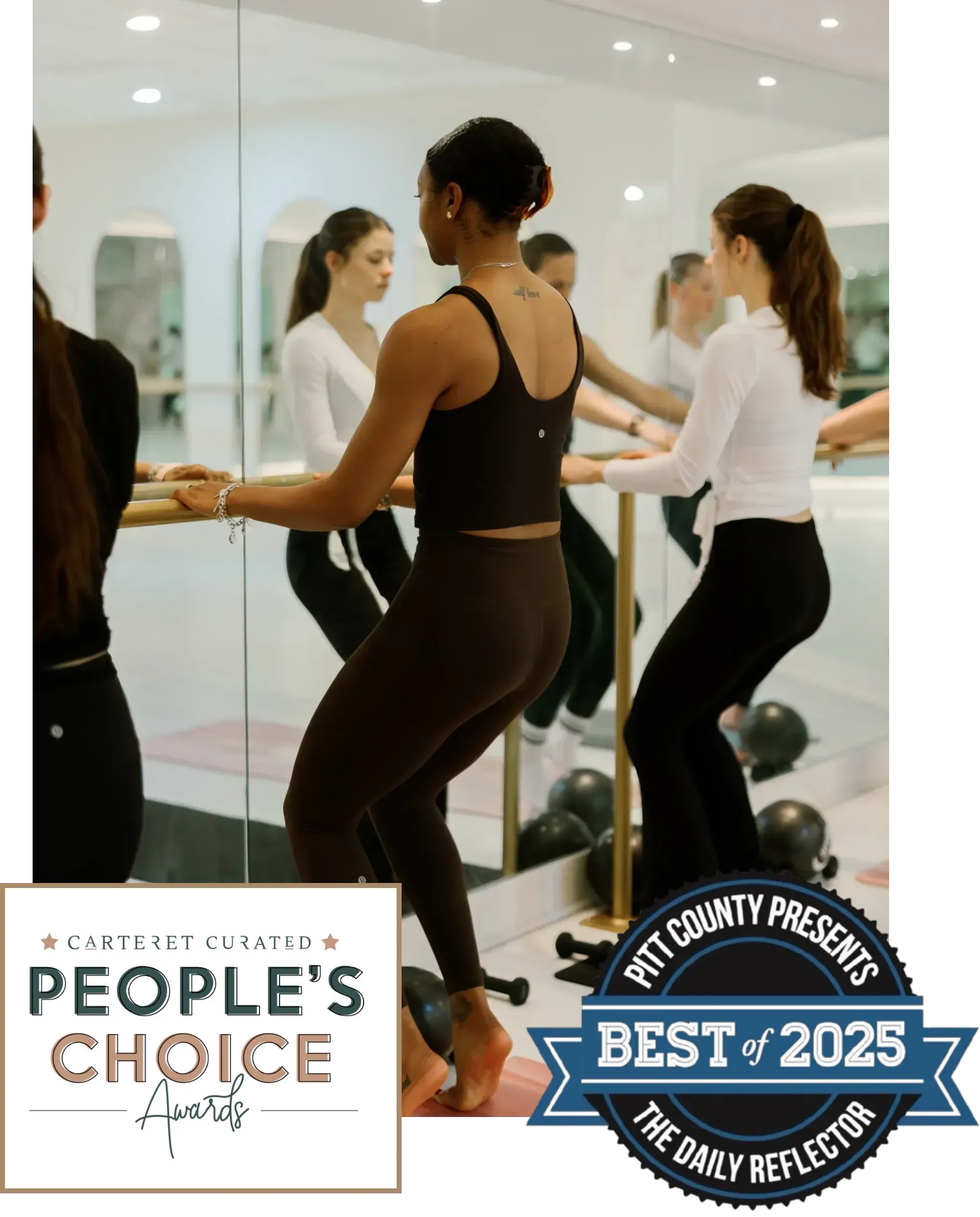 home-3 Women exercise at a ballet barre in a studio; award badges are displayed in the bottom corners.